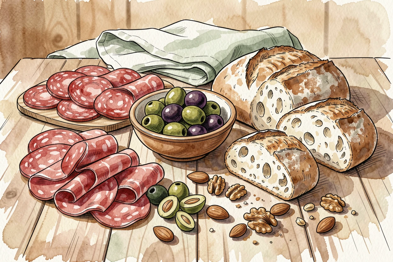 A rustic charcuterie spread with olives, nuts, and crusty bread, a cozy, homemade atmosphere filling the scene.