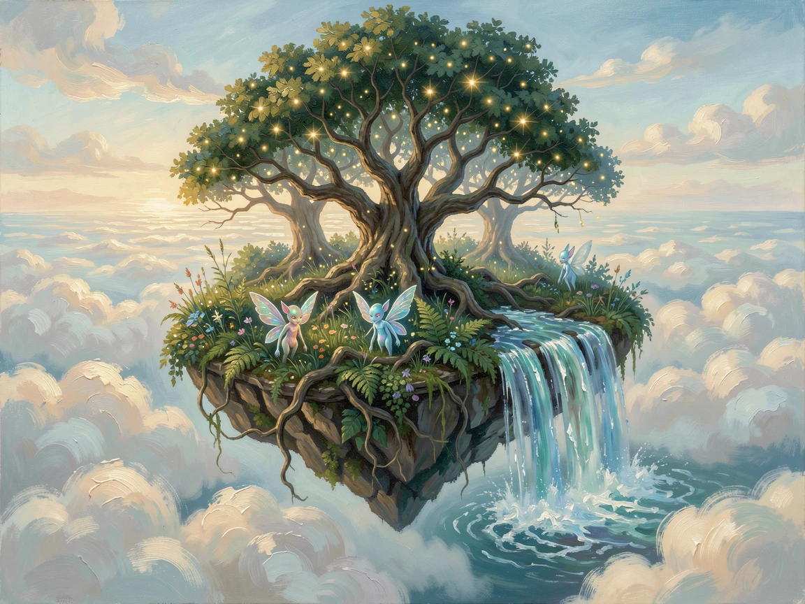 Beneath a canopy of glimmering fireflies, a floating island suspended above a sea of clouds, beside a waterfall that seems to glow from within, small woodland spirits peeking from the underbrush.