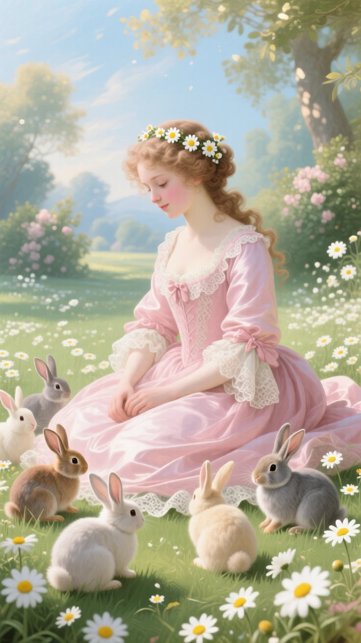 A girl sitting among rabbits in a meadow filled with daisies  