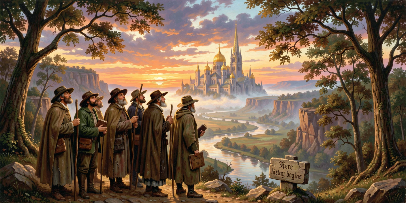 A group of pilgrims gathers before a distant holy city as history is written.