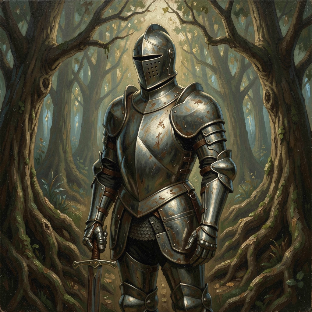 A lone knight in gleaming armor standing before a glowing enchanted forest, with dramatic, cinematic lighting enhancing the sense of wonder, blending fantasy imagination with striking photorealistic detail