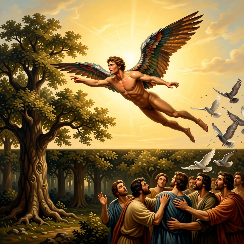 Icarus soaring toward the sun on wings of feathers and wax while onlookers lean forward in astonishment, set beneath a canopy of ancient oaks in a sacred grove, with a flock of startled doves scattering into the sky above; the horizon splits the scene between earthly struggle and divine light, radiating triumph tempered by solemn sacrifice.