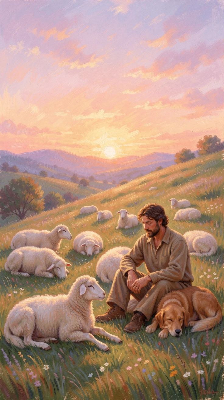 A shepherd resting among his flock on a hillside at dusk, a faithful dog curled beside him, under a glowing sunset sky, evoking a sense of peace and quiet wonder.