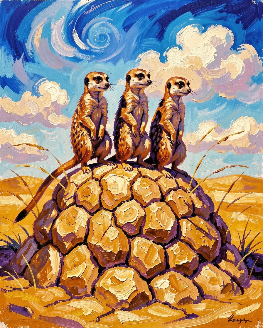 A family of meerkats standing alert atop a termite mound in the desert sun.