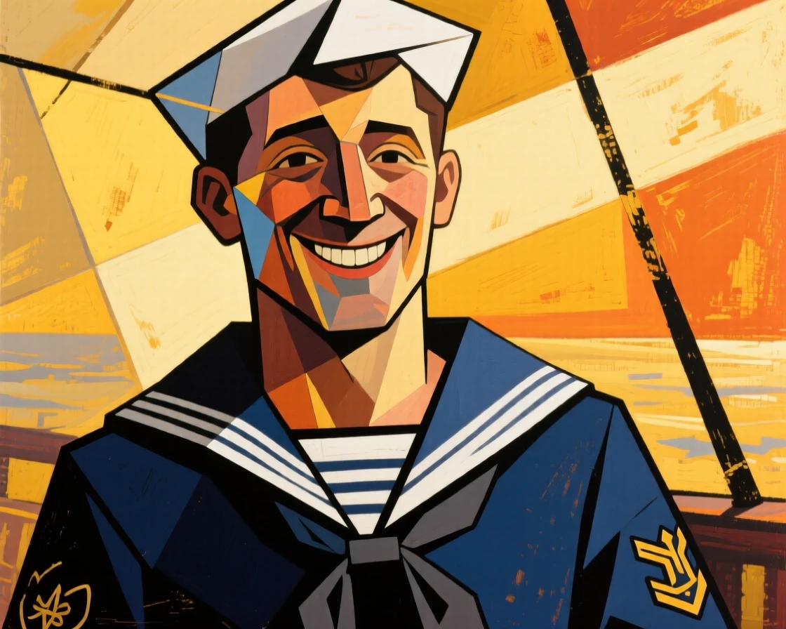A candid medium shot of a sailor smiling gently in the golden hush of late afternoon.