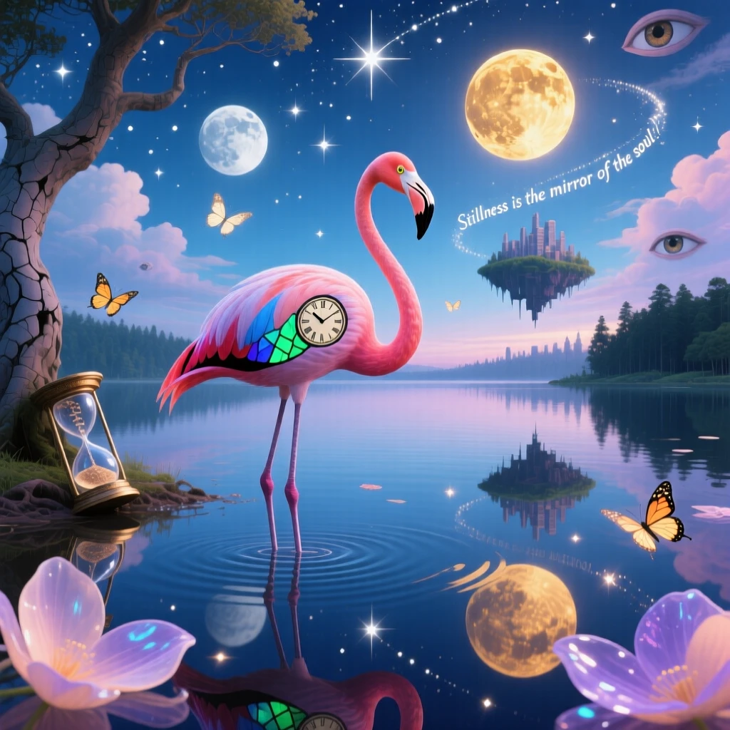 A flamingo standing motionless in a lake of liquid mirror pauses quietly at the edge of a still and glassy lake, while soft petals drift down from an unseen sky above.