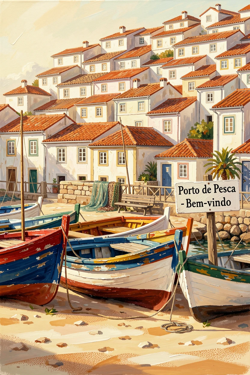A charming fishing village in Portugal shows colorful boats resting on a sandy shore beneath tiled rooftop houses stacked up the hillside, the composition balancing grand scale with intimate, human-sized details throughout the frame.