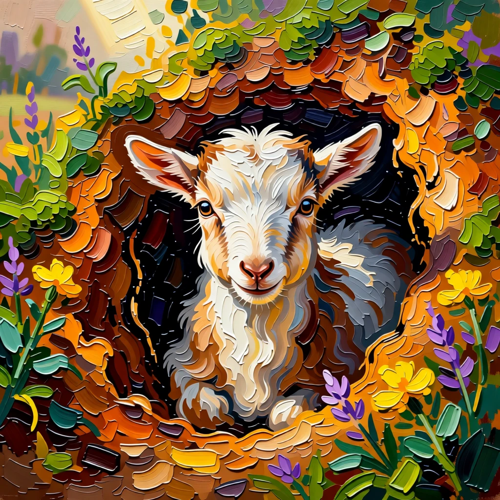 A heartwarming photo of a baby goat peeking out curiously from a burrow entrance