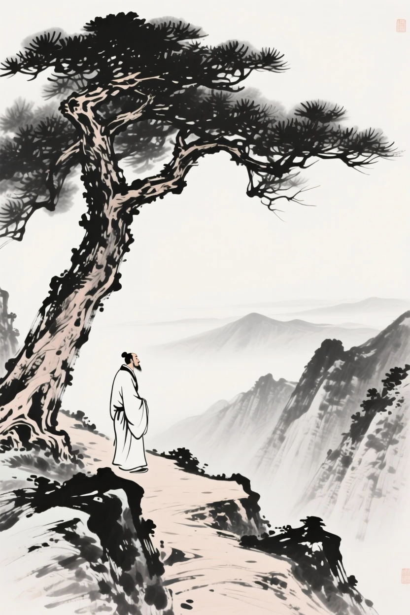 A traveler pauses on a mountain path to admire the view below, beneath the shade of an ancient twisted pine.
