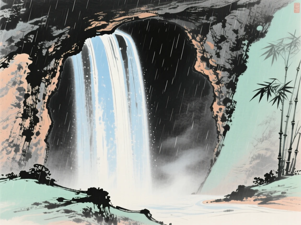 A hidden grotto behind a curtain of falling water, through a curtain of fine rain.