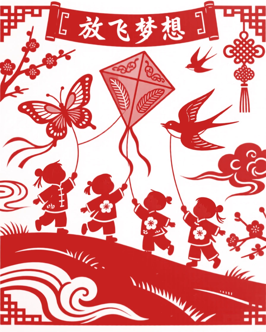 A group of children flying colorful kites shaped like butterflies and swallows on a breezy hillside