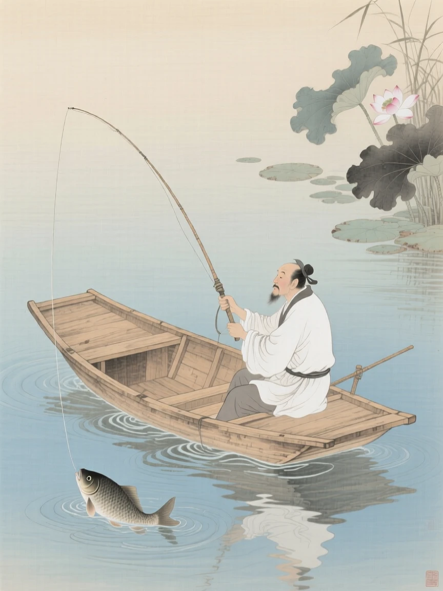 A small wooden boat drifting on a calm lake, with a single fisherman casting a line from a small boat