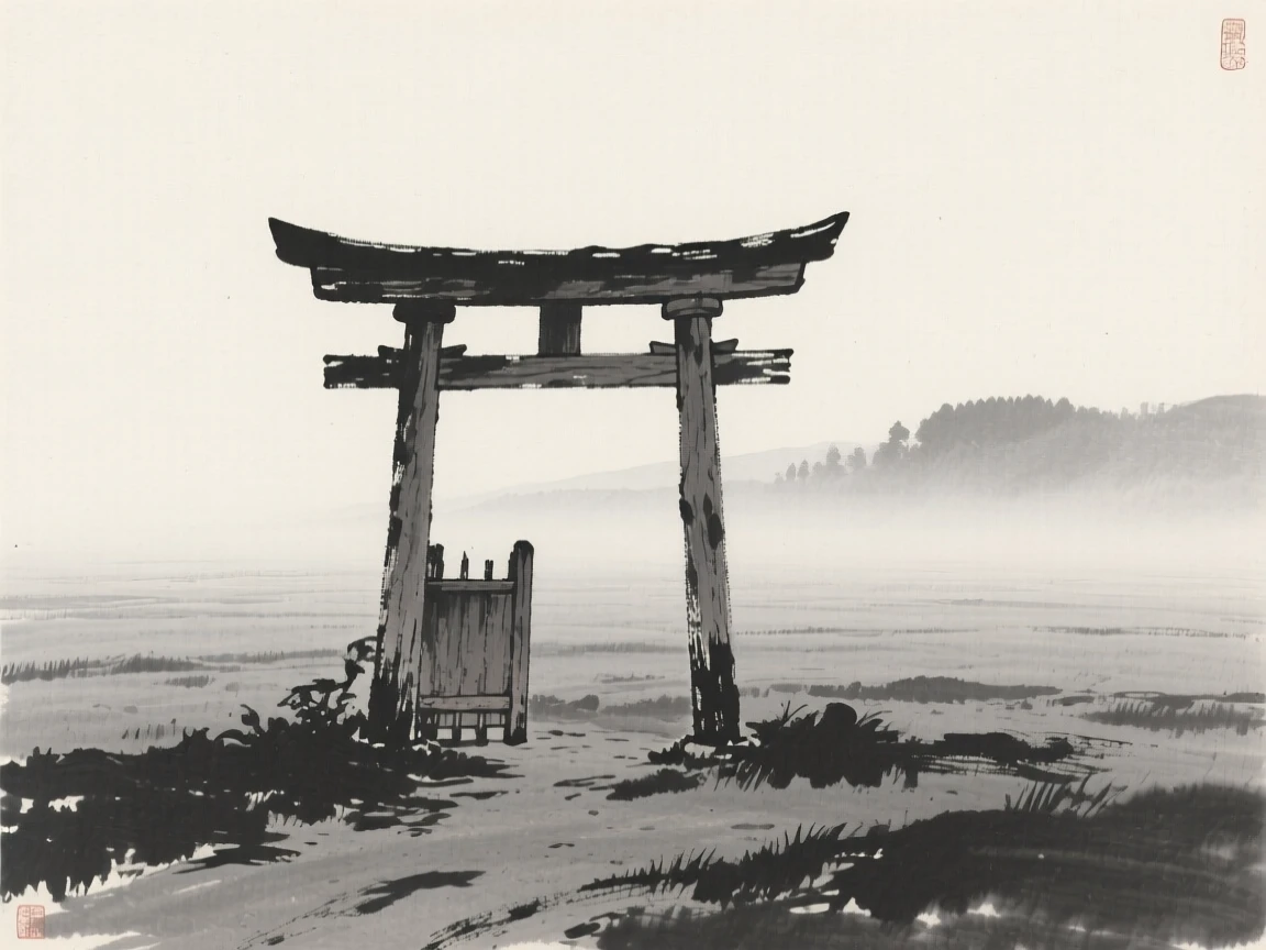 A weathered wooden temple gate wrapped in early morning fog, captured from a distance, small against a vast landscape, capturing a serene blend of nature and human presence.