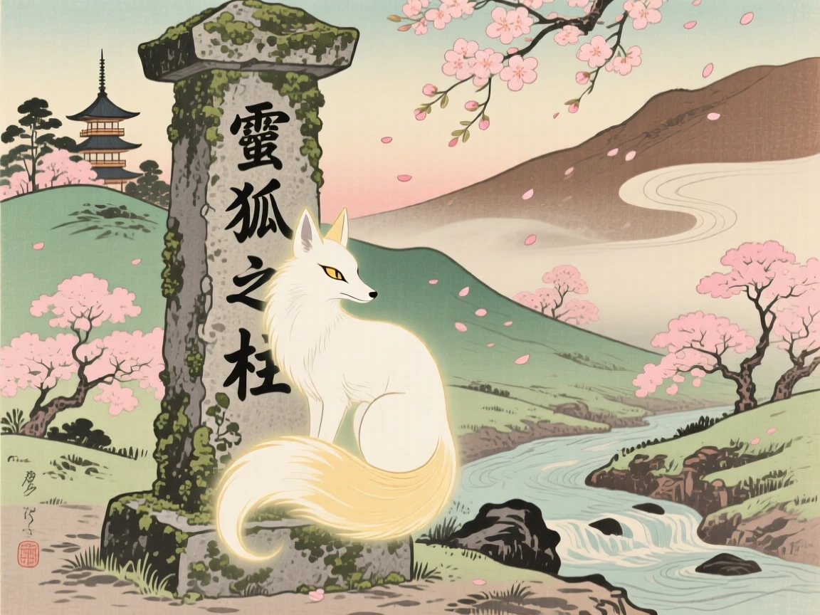 A glowing spirit fox curling gracefully around a stone pillar.