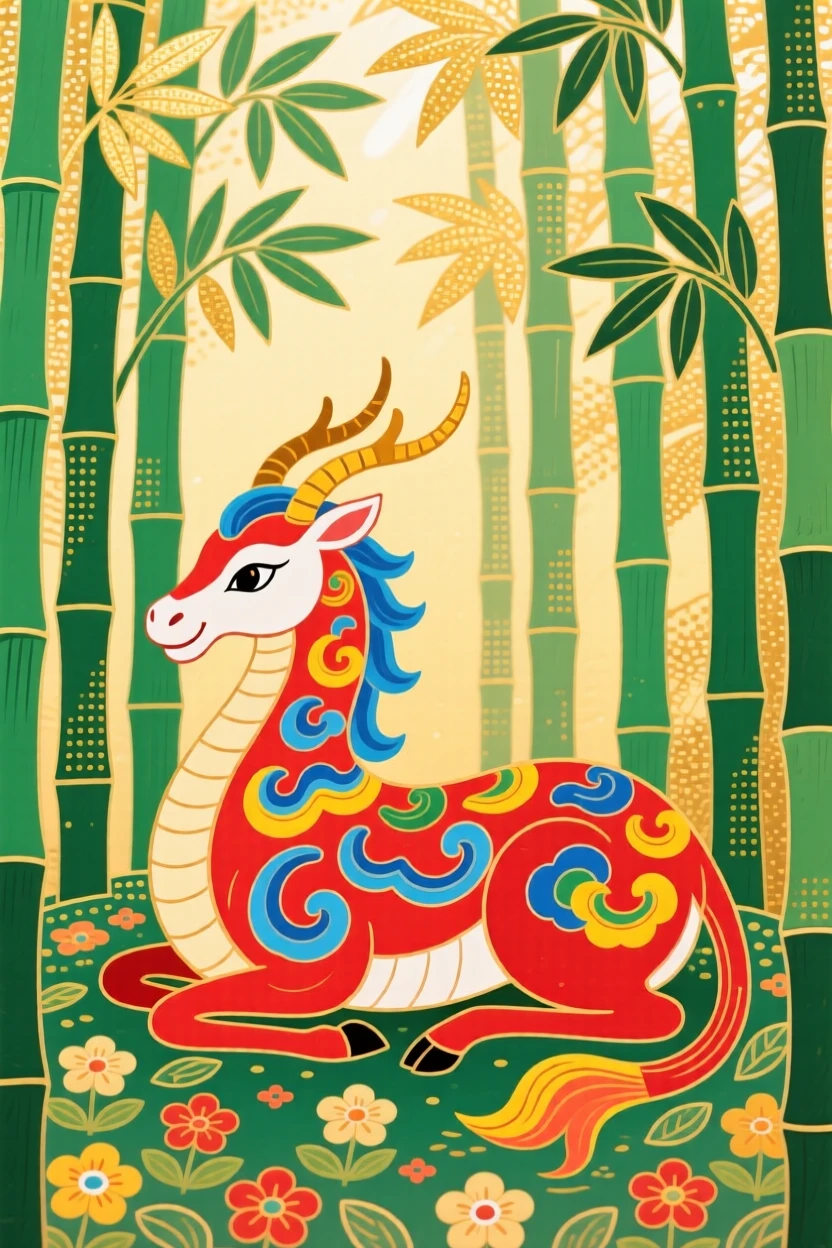 A mythical unicorn-like qilin, resting in a bamboo grove touched by golden light.