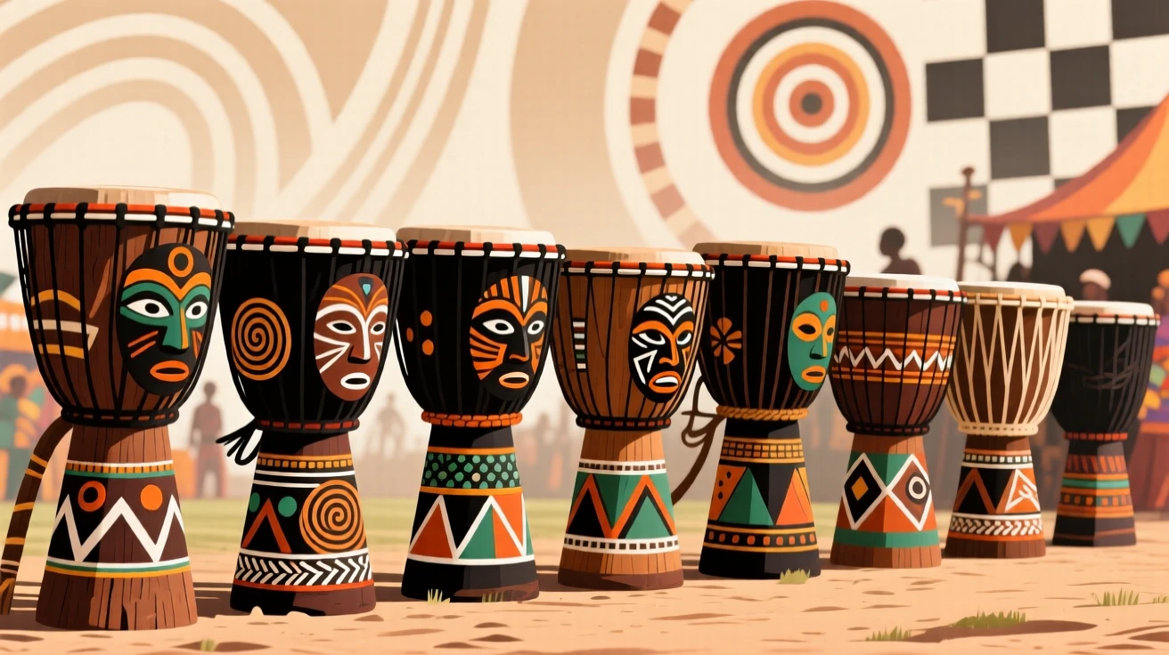 A set of ceremonial drums lined up before a festival.