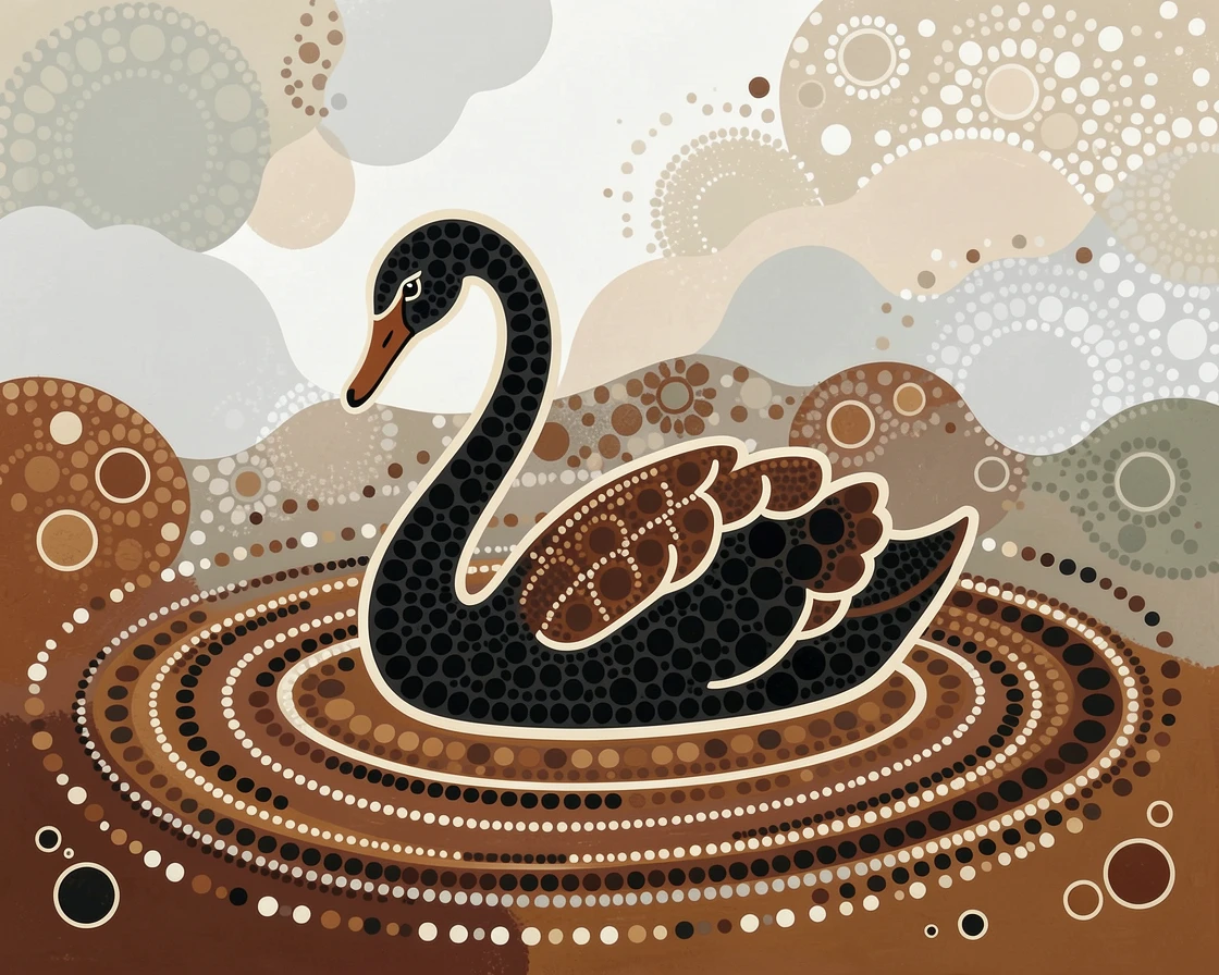 A black swan gliding silently through morning mist