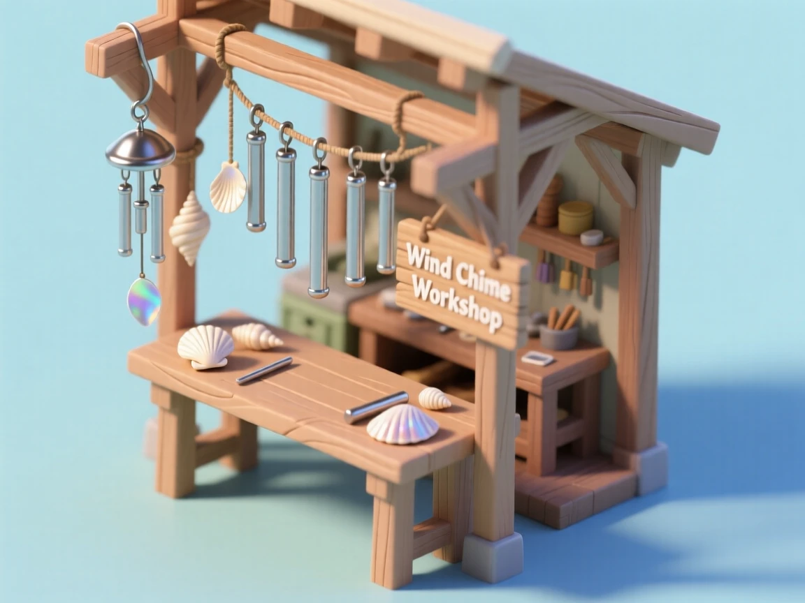 A wind chime crafting workshop with metal tubes and shells being strung together, a finished chime hanging and catching the breeze.