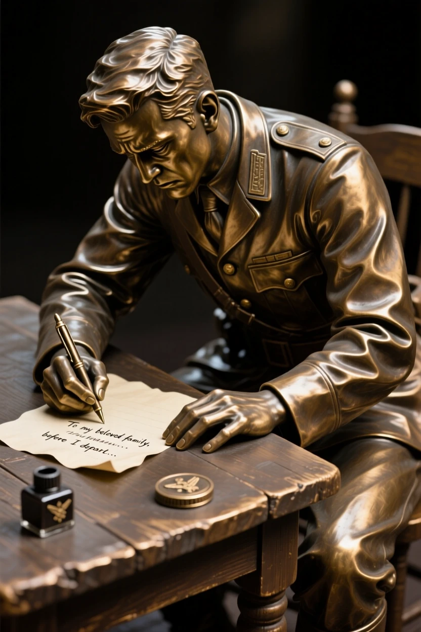 A soldier writing a final letter before departure, captured in dramatic, dynamic motion, forming a strong central focal point