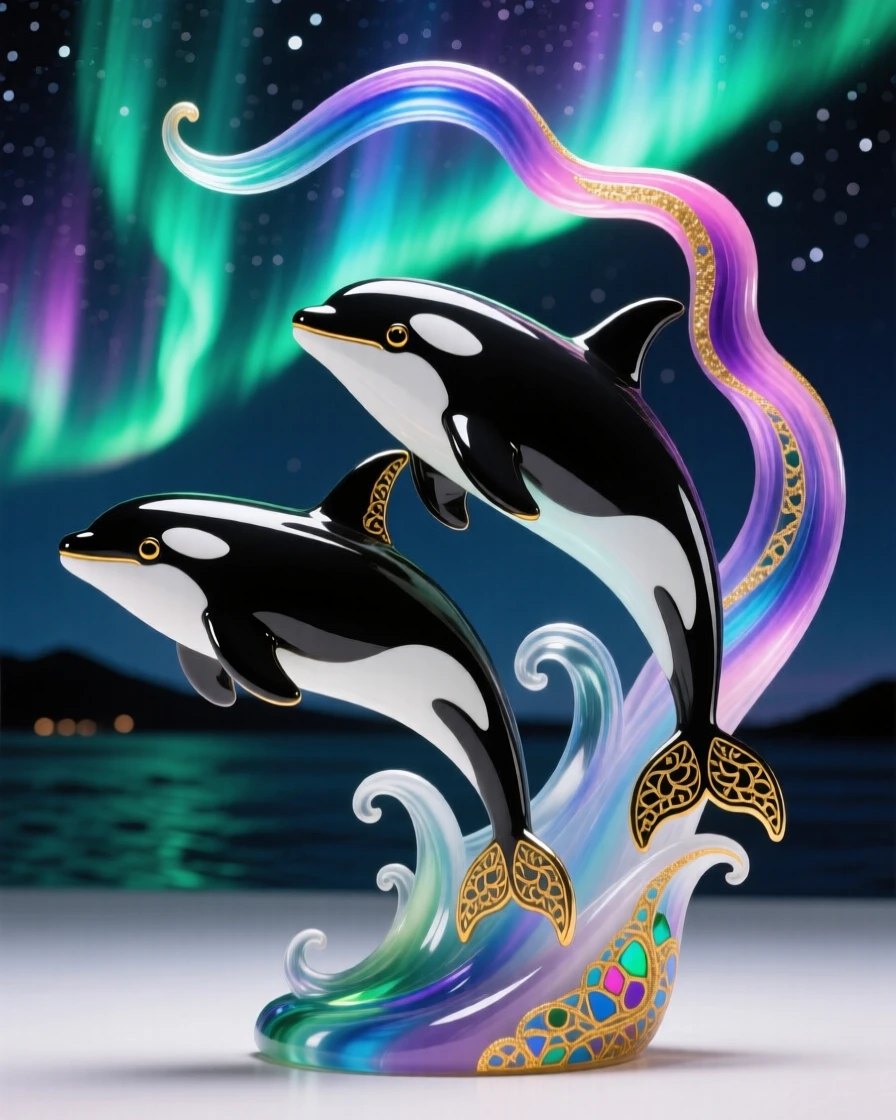A pod of orcas leaping together beneath the northern lights, majestic and rare.
