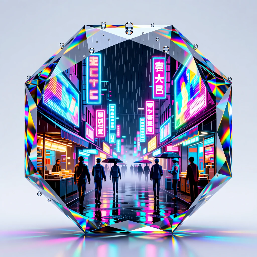 A cyberpunk market street glowing with holographic advertisements in pouring rain.