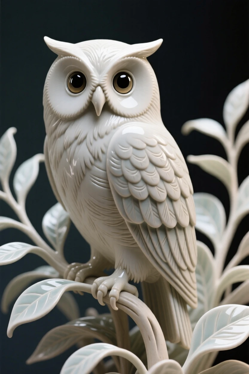 An owl perched with wide, watchful eyes resting quietly amid soft foliage, its feathers ruffled gently by the wind, evoking lightness, freedom, and grace.