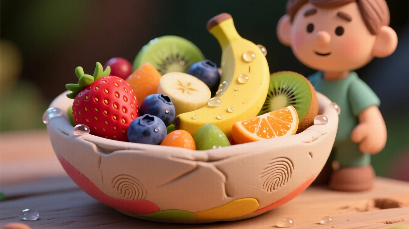 A colorful bowl of fresh fruit salad glistening with morning dew