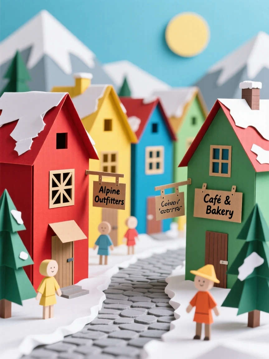 A snow-dusted alpine town bustling with life at midday, with colorful buildings lining the path, capturing a sense of discovery and adventure.