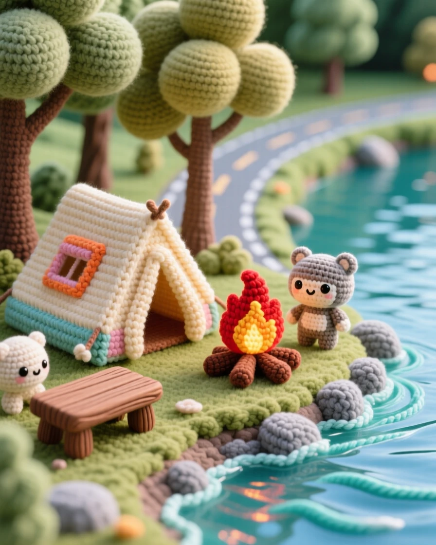A tranquil view of a cozy campsite by a lake, with a small tent and a crackling fire, nestled beneath a canopy of stars, beside a gently winding countryside road, with a single wooden bench resting nearby, evoking gentle awe at nature's quiet grandeur.