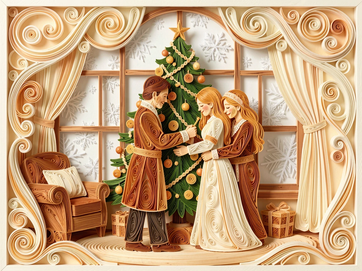 a family decorating a Christmas tree together, in a cozy reading nook by a window, composed with the subjects gently embracing at the center, in soft, cozy tones of amber and cream.