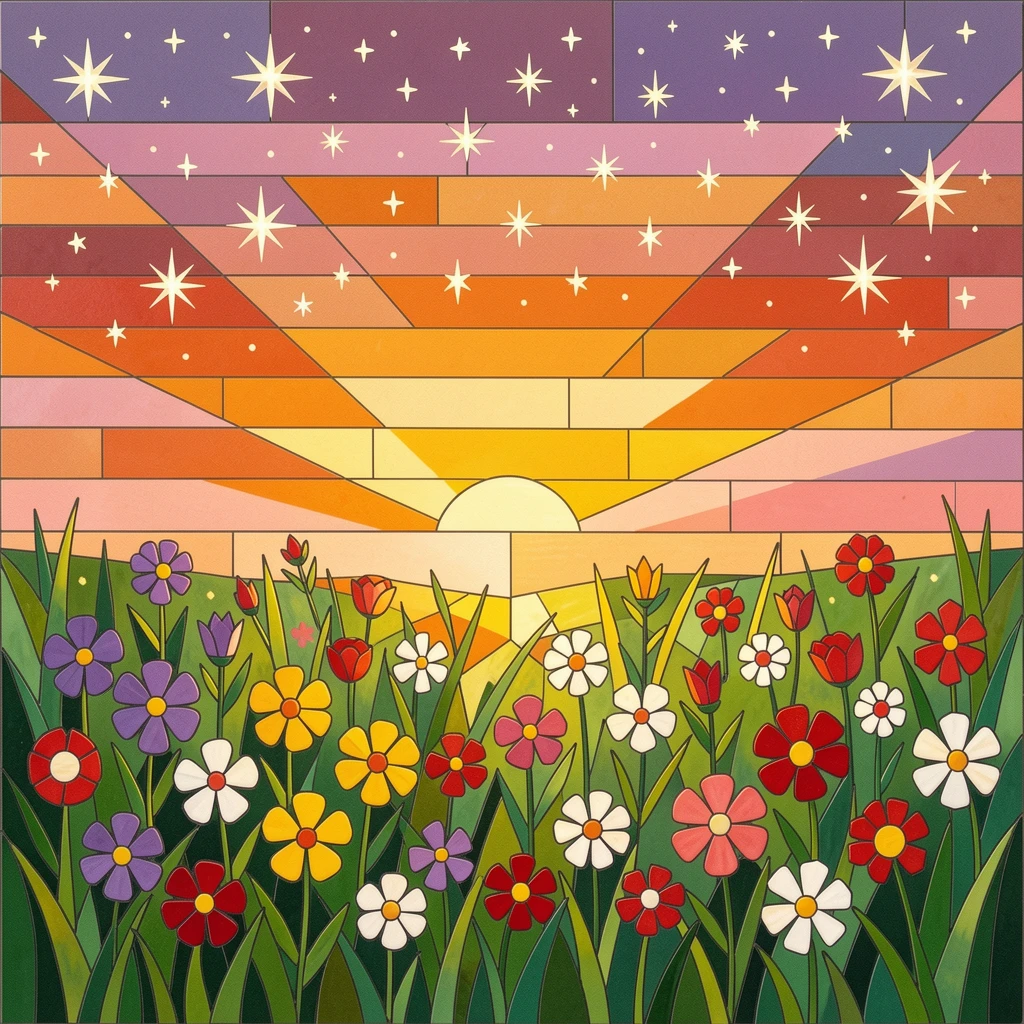 A quiet meadow filled with wildflowers beneath a sky full of stars, bathed in the warm colors of a golden hour sunset.