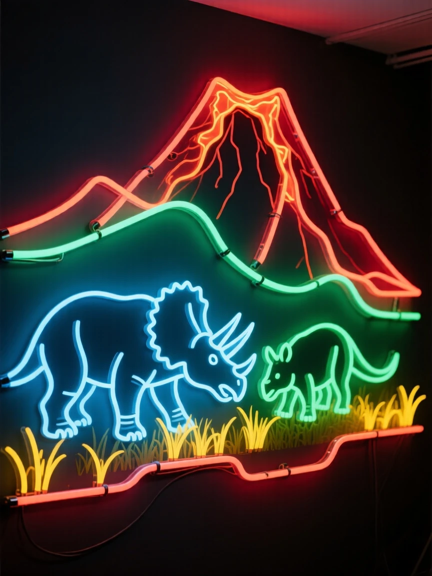 A Triceratops herd grazing near a volcanic ridge.