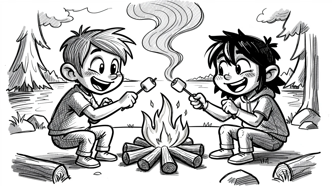 Siblings roasting marshmallows over a campfire at a lakeside campsite.