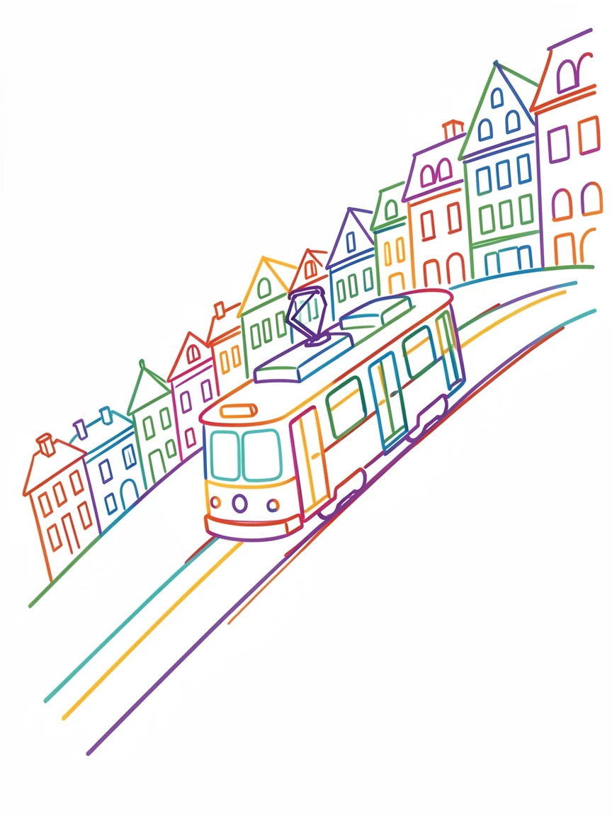 A tram car climbing a steep hill lined with colorful buildings.
