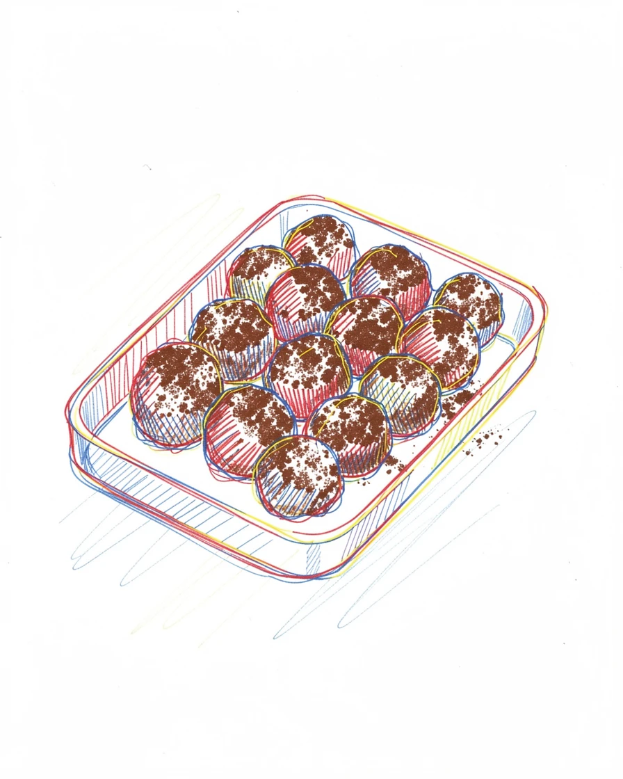 A tray of homemade chocolate truffles dusted with cocoa powder