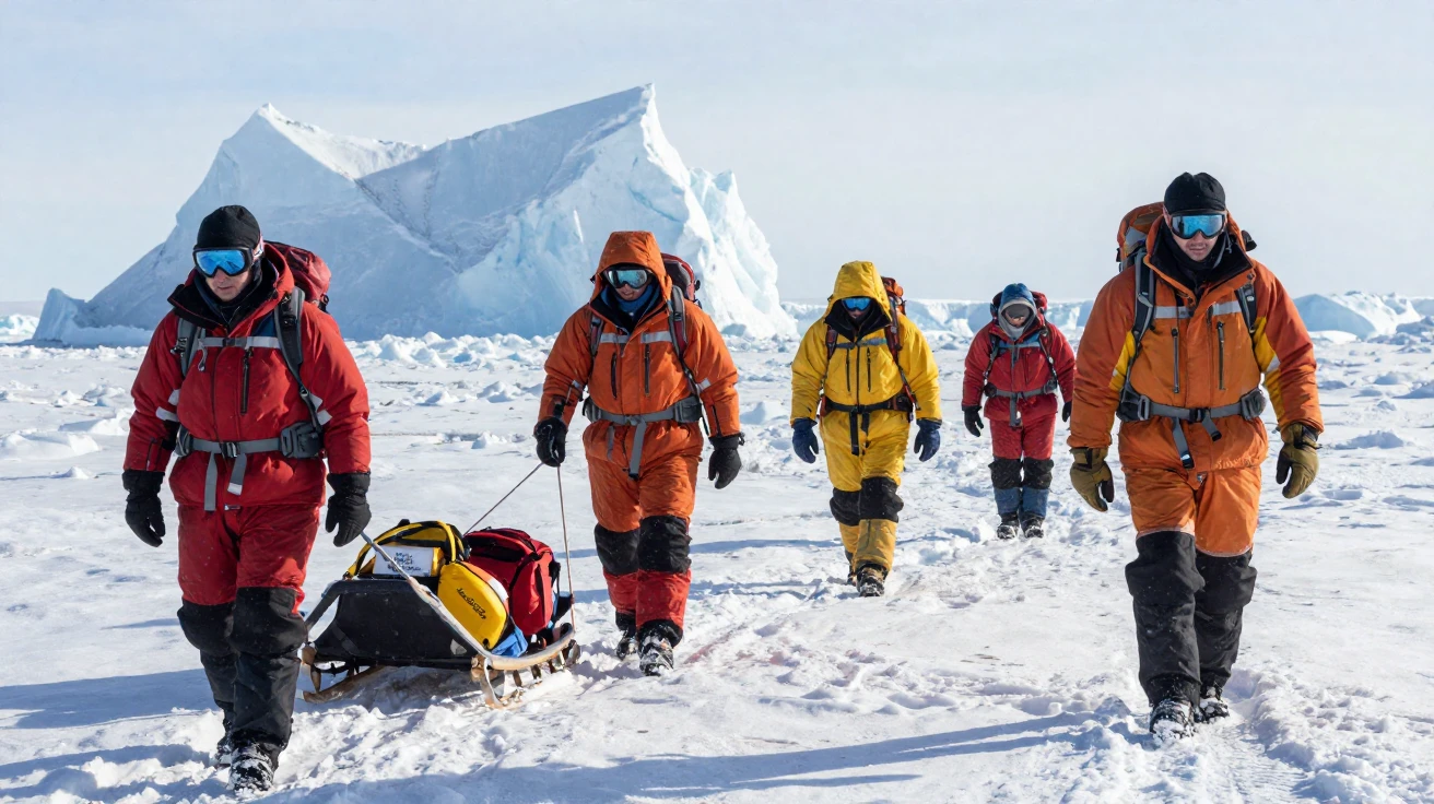A polar expedition team trekking across a frozen landscape