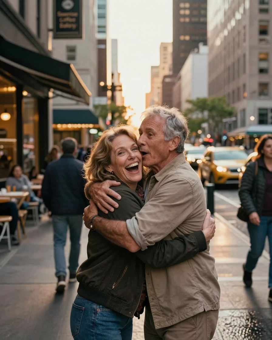 An old friend receiving an unexpected hug in the middle of a busy street