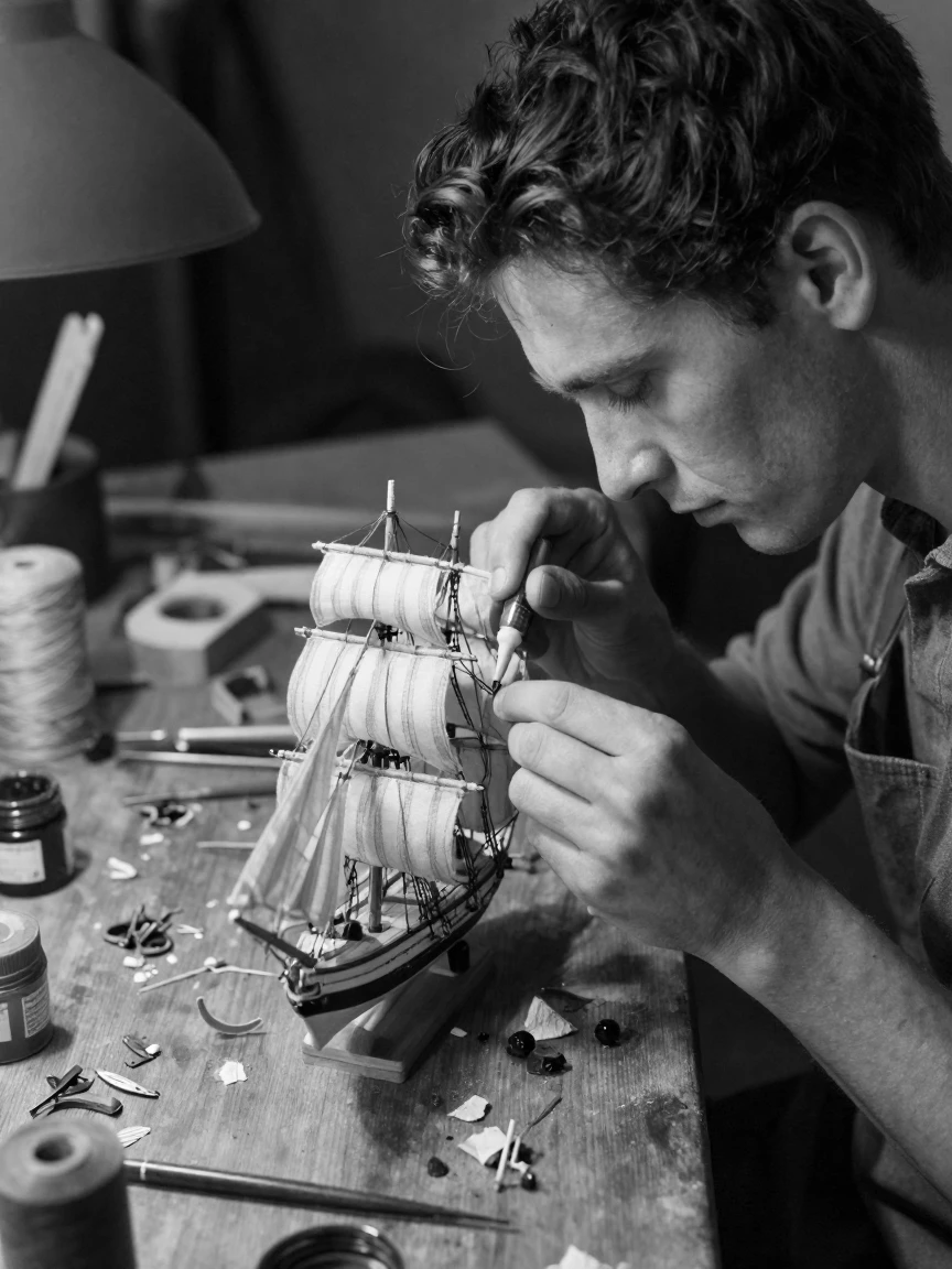 A model ship builder glues tiny rigging into place at a cluttered workbench.