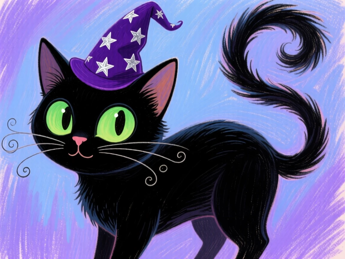 A young witch's black cat familiar wearing a tiny wizard hat of its own.