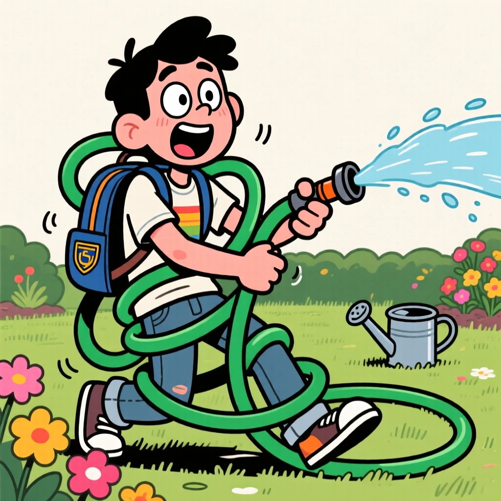 A funny expressive moment showing a college student getting tangled up in a garden hose, with wide eyes and an open-mouthed grin.