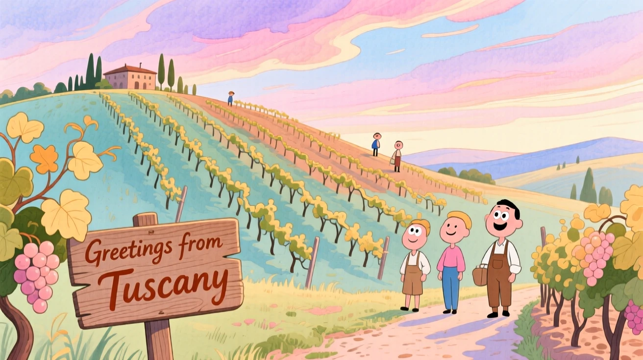 A dreamy travel postcard scene of a hillside vineyard in Tuscany under a dramatic pastel sky