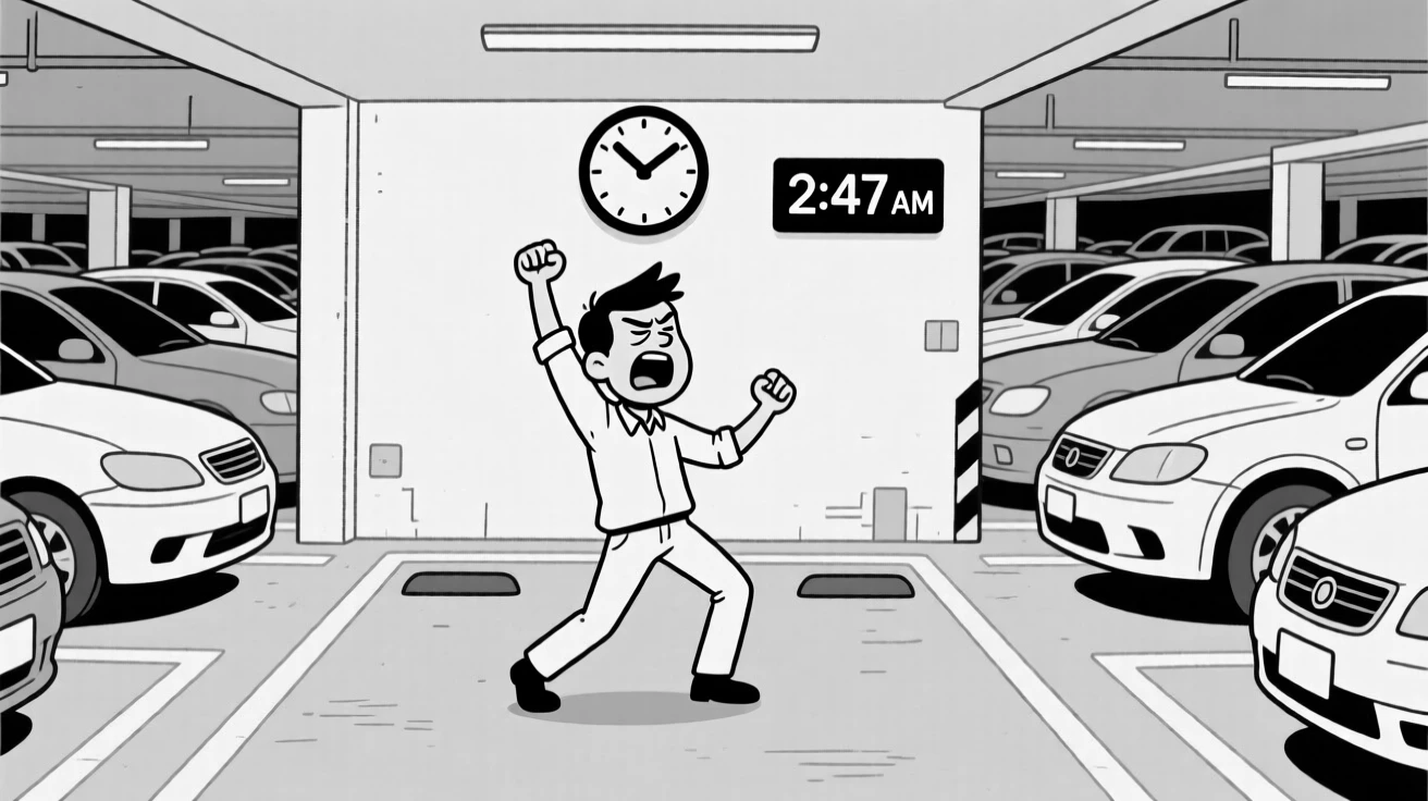 A person doing an exaggerated victory dance over parking spot, squinting hard as if x-ray vision might help, set in a crowded parking garage. A clock on the wall reads an alarmingly late hour. The scene captures the comedy hidden in ordinary days.
