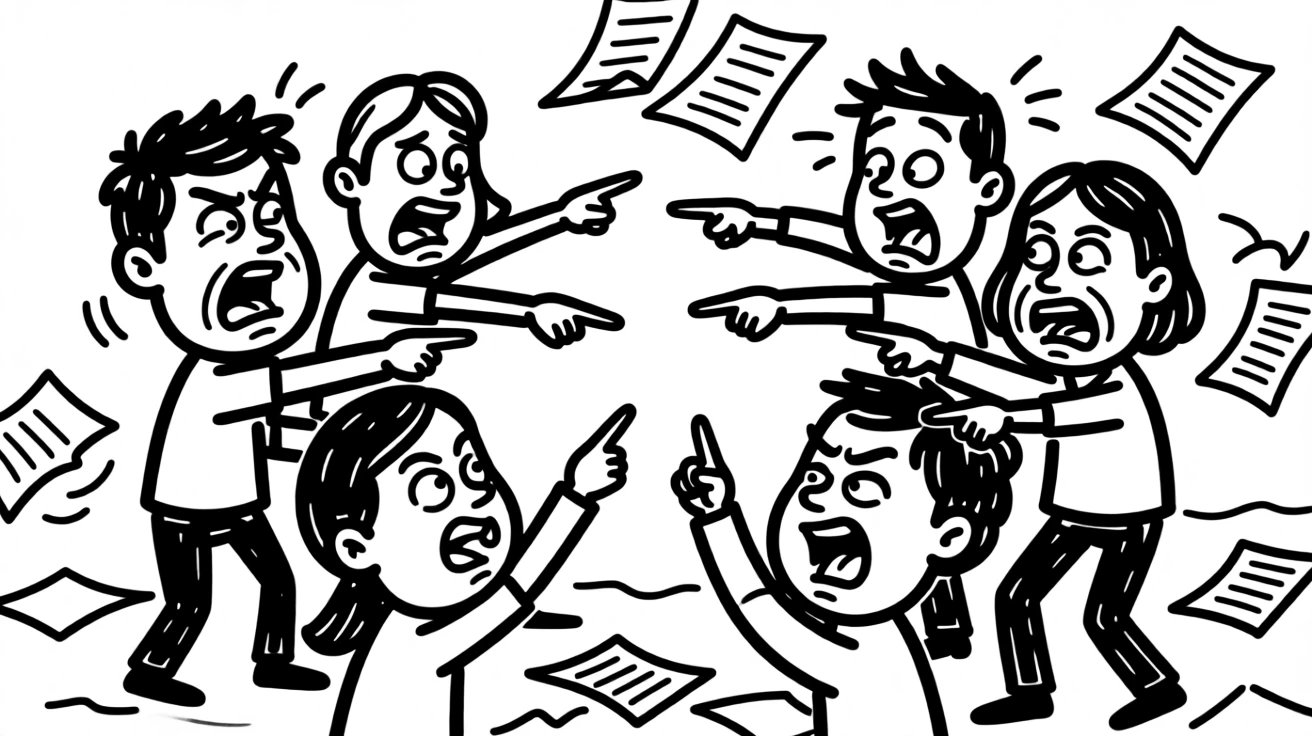 A group project team of students all pointing fingers at each other, papers scattered.