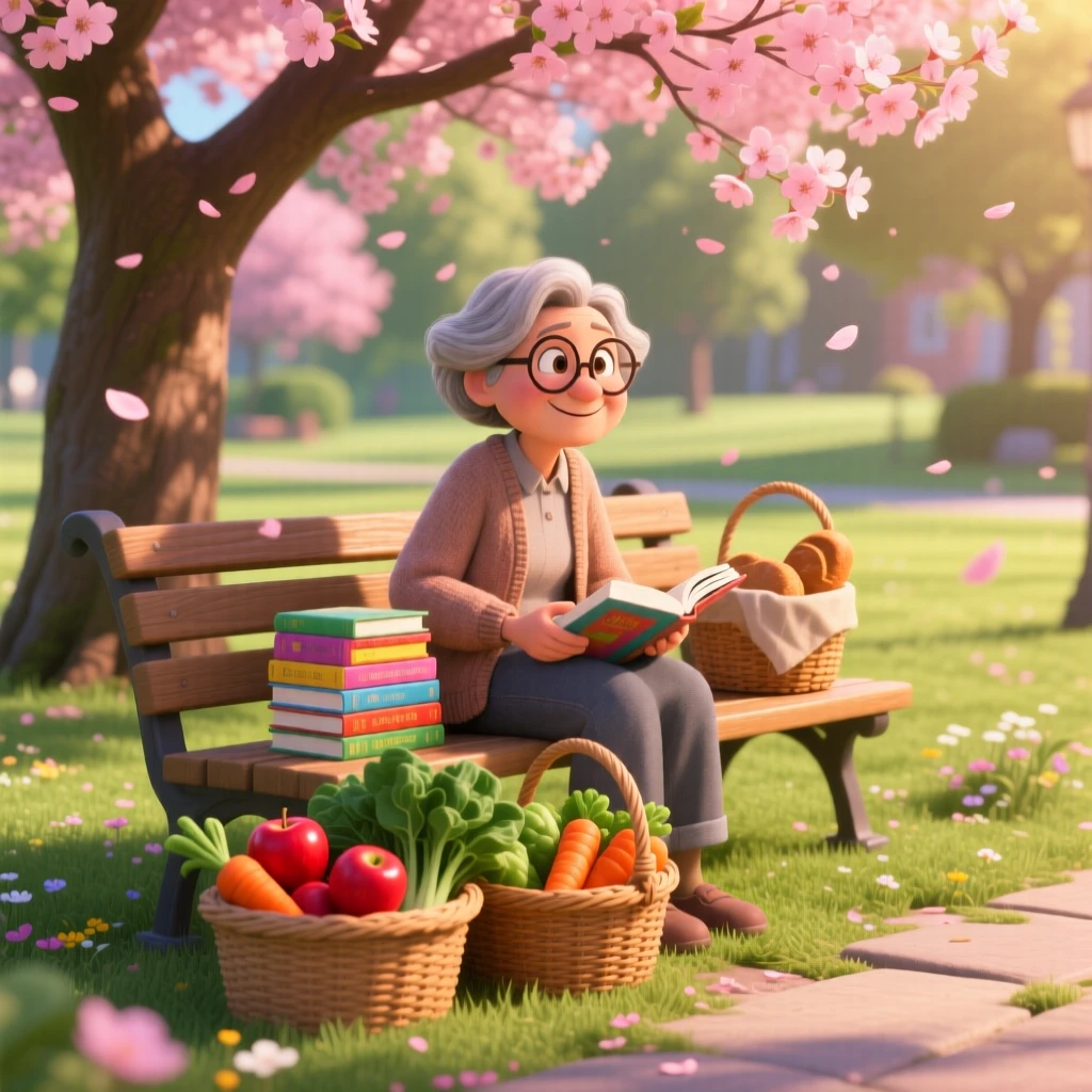 A librarian reshelving books in a quiet aisle is captured on a park bench beneath a blossoming tree, with baskets of fresh produce stacked neatly. A quiet, wholesome charm lingers over the moment.