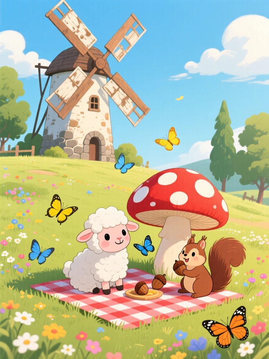 Near an old stone windmill, a woolly lamb is having a picnic under a toadstool alongside a small woodland friend, while butterflies flutter nearby.