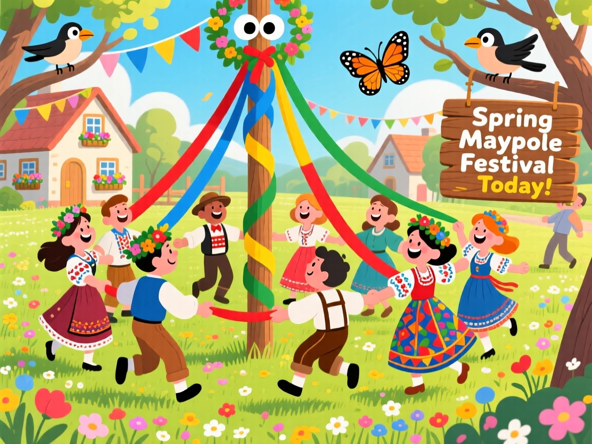 A community gathering for a traditional maypole dance in spring.