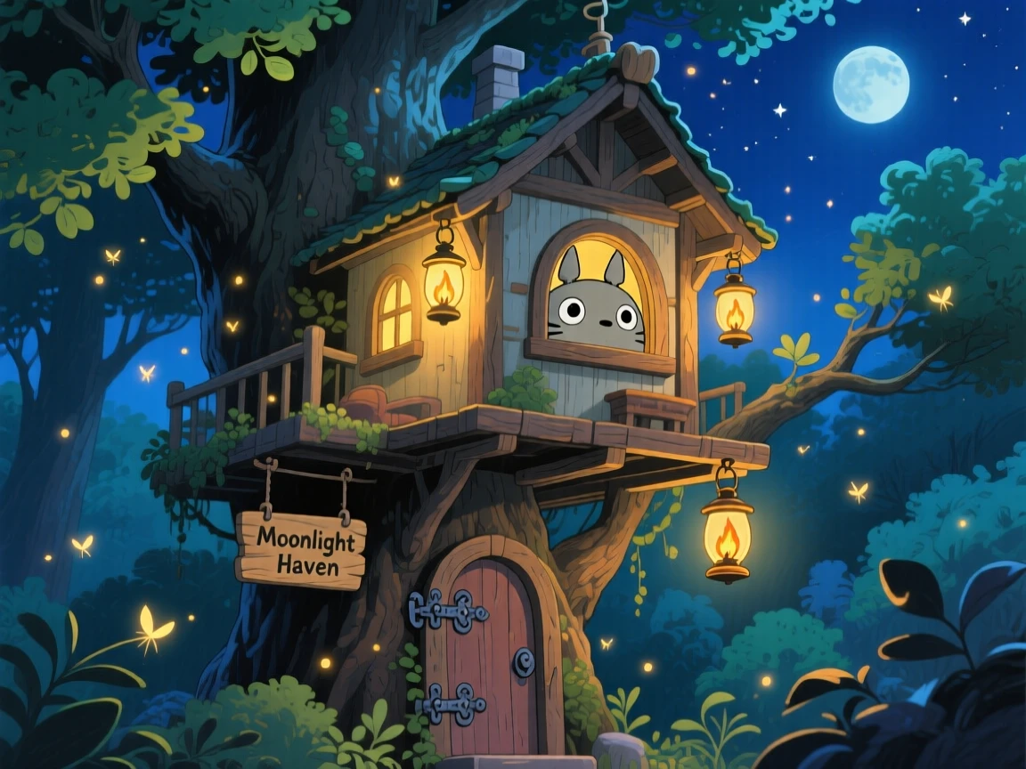 A nighttime scene of a treehouse glowing with lantern light deep in a night forest, quietly enchanting.