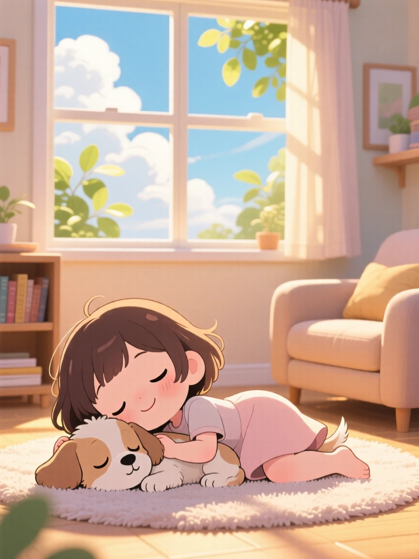 Over-the-shoulder view of a small girl and her puppy, napping together in a sunbeam, in a cozy living room, beneath fluffy drifting clouds, illuminated by warm morning light filtering through leaves, radiating proud determination.