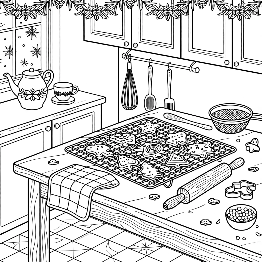 A winter holiday baking scene with gingerbread cookies cooling on a rack.