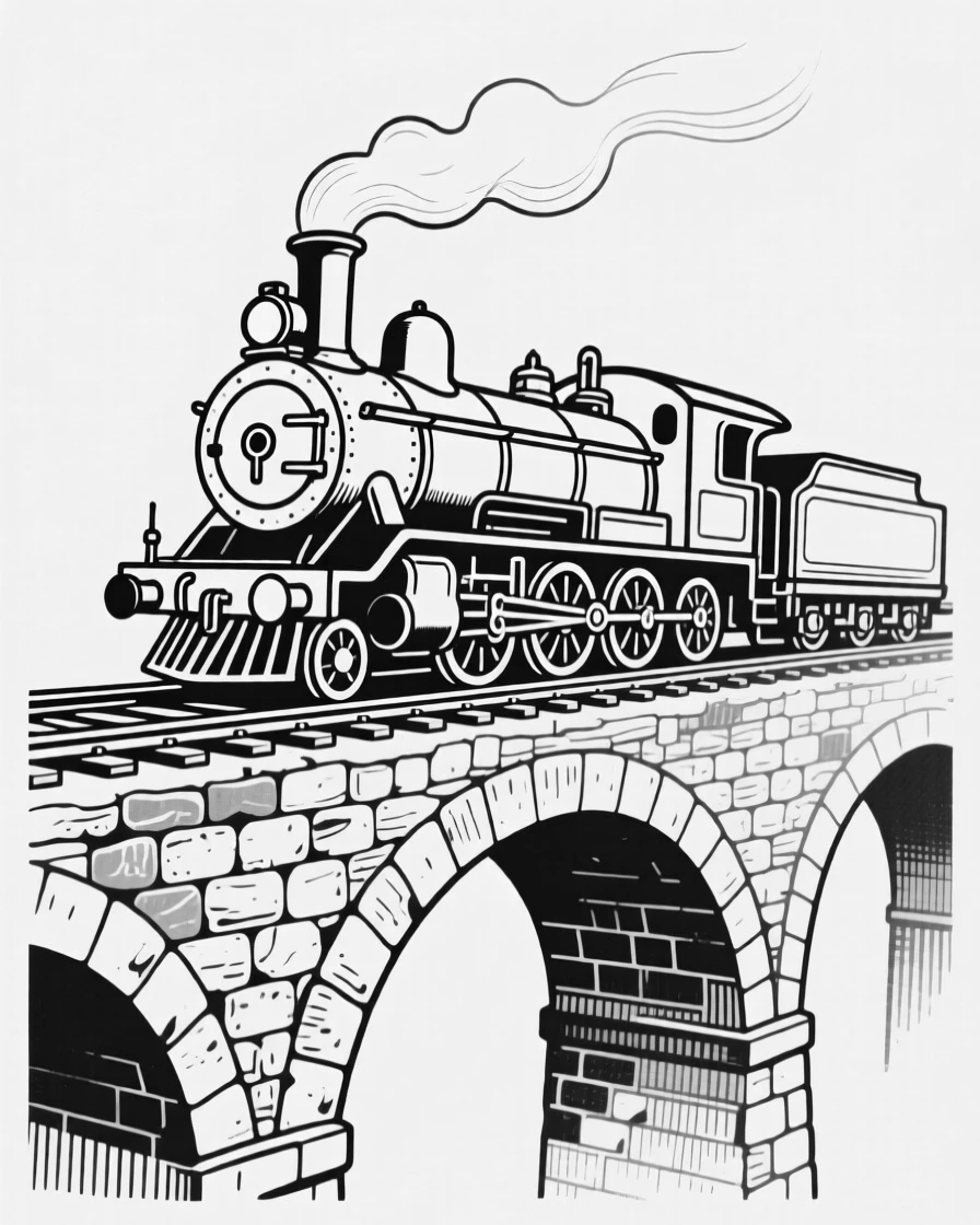 A steam locomotive crossing an old stone railway bridge